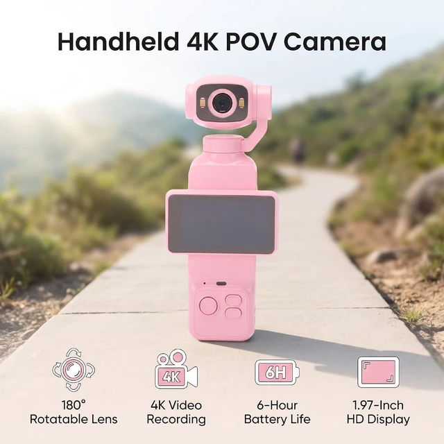Alt view image 2 of 7 - Handheld POV Camera with 180 Rotatable Lens, 4K Video Recording, 1.97 Inch Screen, 6 Hours Battery Life, for Travel and Content Creation (Pink)