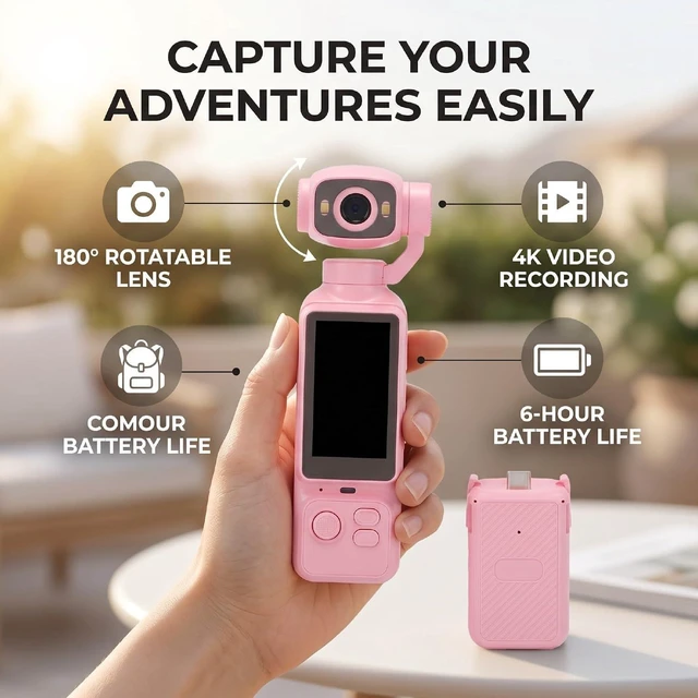 Alt view image 4 of 7 - Handheld POV Camera with 180 Rotatable Lens, 4K Video Recording, 1.97 Inch Screen, 6 Hours Battery Life, for Travel and Content Creation (Pink)
