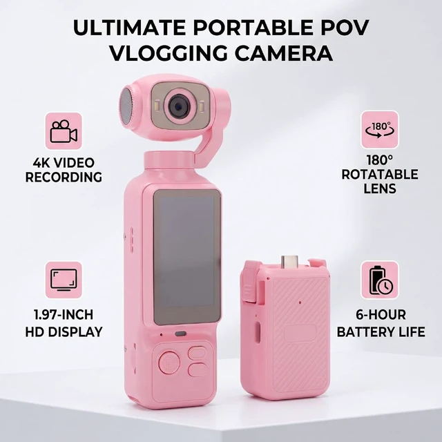 Alt view image 6 of 7 - Handheld POV Camera with 180 Rotatable Lens, 4K Video Recording, 1.97 Inch Screen, 6 Hours Battery Life, for Travel and Content Creation (Pink)