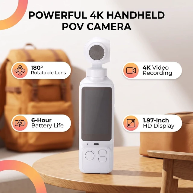 Alt view image 2 of 7 - Handheld POV Camera with 180 Rotatable Lens, 4K Video Recording, 1.97 Inch Screen, 6 Hours Battery Life, for Travel and Content Creation (White)