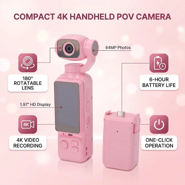 Alt view image 3 of 7 - Handheld POV Camera with 180 Rotatable Lens, 4K Video Recording, 1.97 Inch Screen, 6 Hours Battery Life, for Travel and Content Creation (Pink)