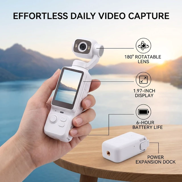 Alt view image 3 of 7 - Handheld POV Camera with 180 Rotatable Lens, 4K Video Recording, 1.97 Inch Screen, 6 Hours Battery Life, for Travel and Content Creation (White)