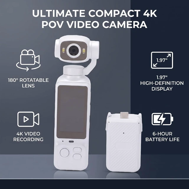 Alt view image 4 of 7 - Handheld POV Camera with 180 Rotatable Lens, 4K Video Recording, 1.97 Inch Screen, 6 Hours Battery Life, for Travel and Content Creation (White)