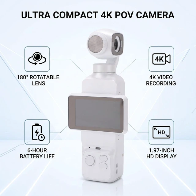 Alt view image 5 of 7 - Handheld POV Camera with 180 Rotatable Lens, 4K Video Recording, 1.97 Inch Screen, 6 Hours Battery Life, for Travel and Content Creation (White)