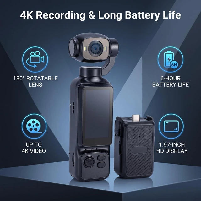 Alt view image 2 of 7 - Handheld POV Camera with 180 Rotatable Lens, 4K Video Recording, 1.97 Inch Screen, 6 Hours Battery Life, for Travel and Content Creation (Black)