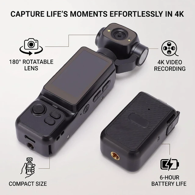 Alt view image 4 of 7 - Handheld POV Camera with 180 Rotatable Lens, 4K Video Recording, 1.97 Inch Screen, 6 Hours Battery Life, for Travel and Content Creation (Black)