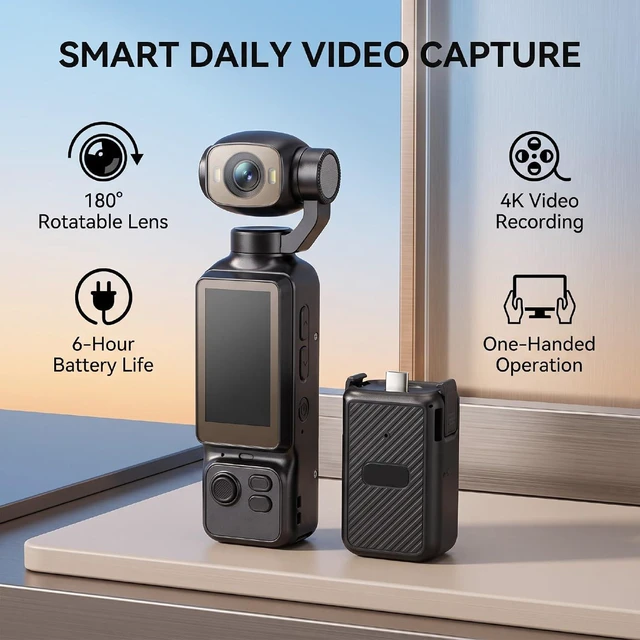 Alt view image 3 of 7 - Handheld POV Camera with 180 Rotatable Lens, 4K Video Recording, 1.97 Inch Screen, 6 Hours Battery Life, for Travel and Content Creation (Black)