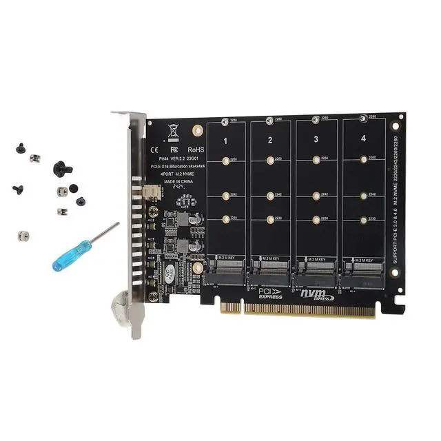 Alt view image 4 of 7 - Adapter Card, 4 Port M.2 NVMe SSD to PCIE X16 Expansion Card, Supports RAID Function, PCIE 3.0, 4.0 Protocol (PH44)