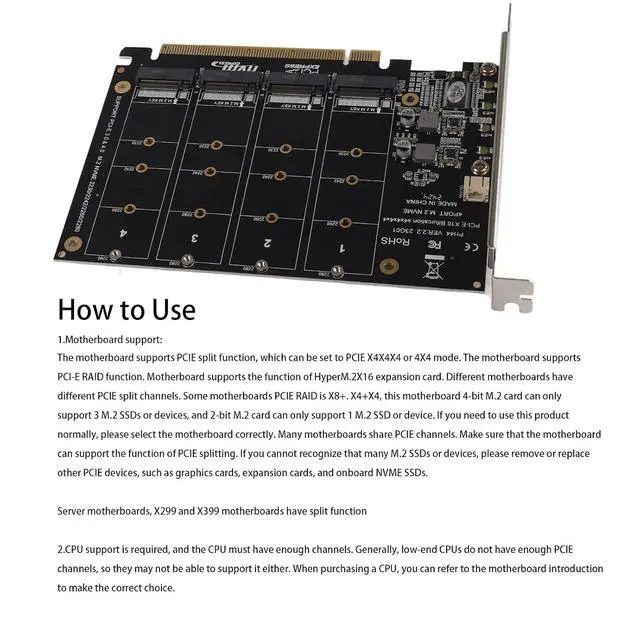 Alt view image 3 of 7 - Adapter Card, 4 Port M.2 NVMe SSD to PCIE X16 Expansion Card, Supports RAID Function, PCIE 3.0, 4.0 Protocol (PH44)