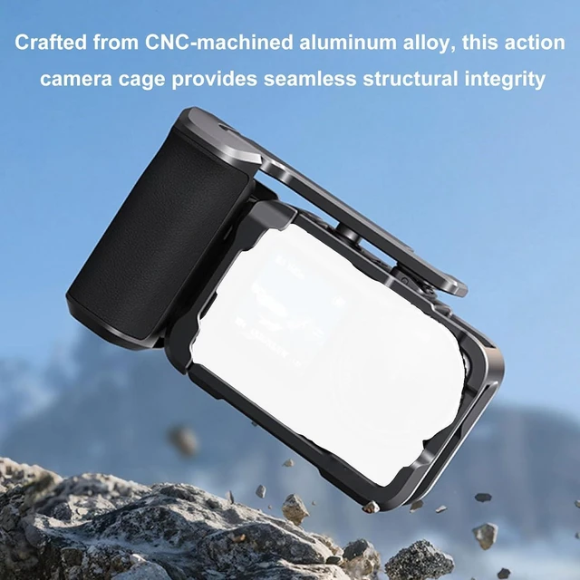 Alt view image 2 of 7 - Metal Camera Grip and Cage, CNC Machined Aluminum Alloy with Seesaw Shutter for Action 6, Battery Compartment and Anti Slip Silicone Padding