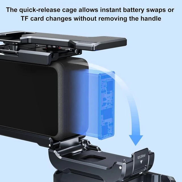 Alt view image 6 of 7 - Metal Camera Grip and Cage, CNC Machined Aluminum Alloy with Seesaw Shutter for Action 6, Battery Compartment and Anti Slip Silicone Padding