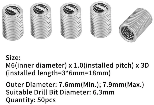 Alt view image 2 of 7 - 50pcs Stainless Steel Thread Repair Insert M6 x 1.0 x 3D Length, Screw Thread Repair Insert Wire Thread Insert