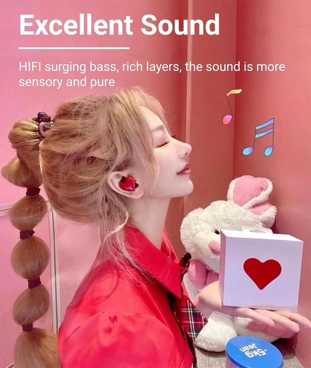 Alt view image 3 of 7 - Earbuds, Heart Shaped Bluetooth Headphones Noise Canceling Stereo in Ear Light Weight Earphones Cordless Earphone for Sports