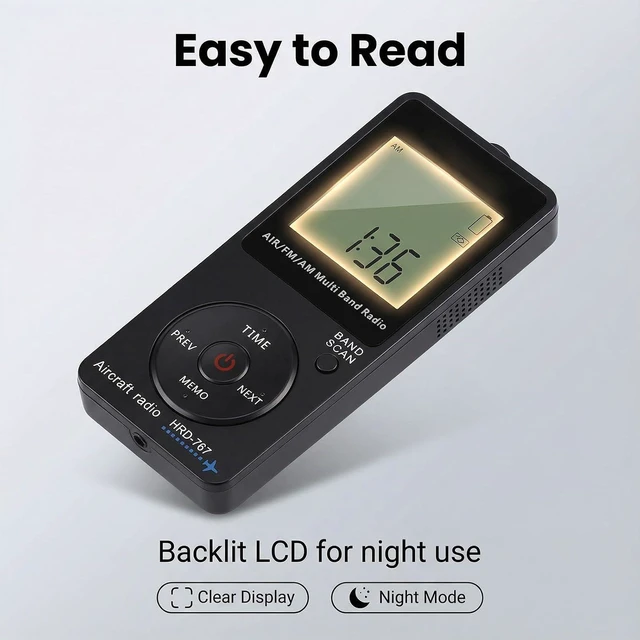 Alt view image 2 of 7 - Aviation Band Radio, AM FM AIR Bands with Orange Backlight LCD Display 400mAh Battery, Auto Manual Station Storage 120 Channels, with Earphone for Travel Camping Hiking
