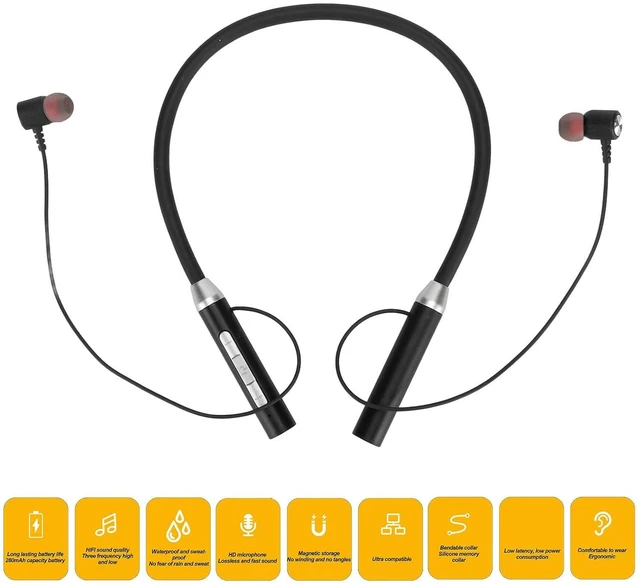 Alt view image 3 of 7 - Neckband Headphones, Neckband Headset with Retractable Earbuds, Workout Neckband Headphones Stereo Earphones (Black)