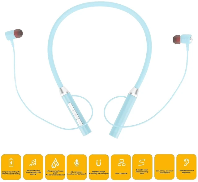 Alt view image 2 of 7 - Neckband Headphones, Neckband Headset with Retractable Earbuds, Waterproof Workout Neckband Headphones Stereo Earphones (Blue)