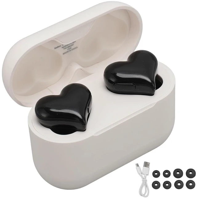 Alt view image 7 of 7 - Heart Shaped Earbuds, 5.3 HiFi Stereo Sound Noise Canceling Earphones with Charging Case, Cute in Ear Earbuds for Lover Couples for Valentine Sport Travel (Black)