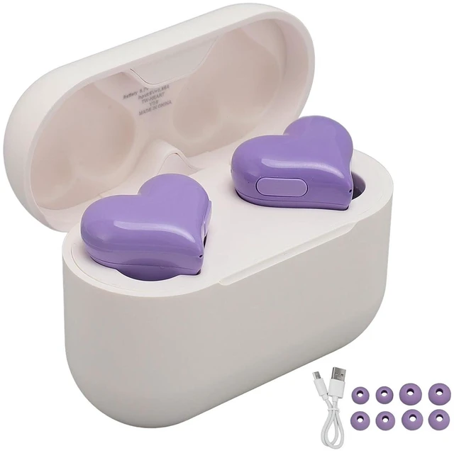 Alt view image 7 of 7 - Heart Shaped Earbuds, BT 5.3 HiFi Stereo Sound Noise Canceling Earphones with Charging Case, Cute in Ear Earbuds for Lover Couples for Valentine Sport Travel (Pu rple)