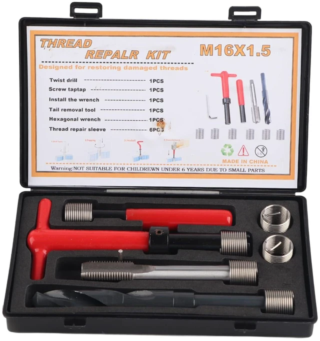Main image of 11Pcs Thread Repair Kit,M16x1.5 Length 1.5D Stainless Steel Twisted Drill Tap Wrench Threaded Insert Tool,Metric-Imperial Units Conversion Helicoil Repair Kit