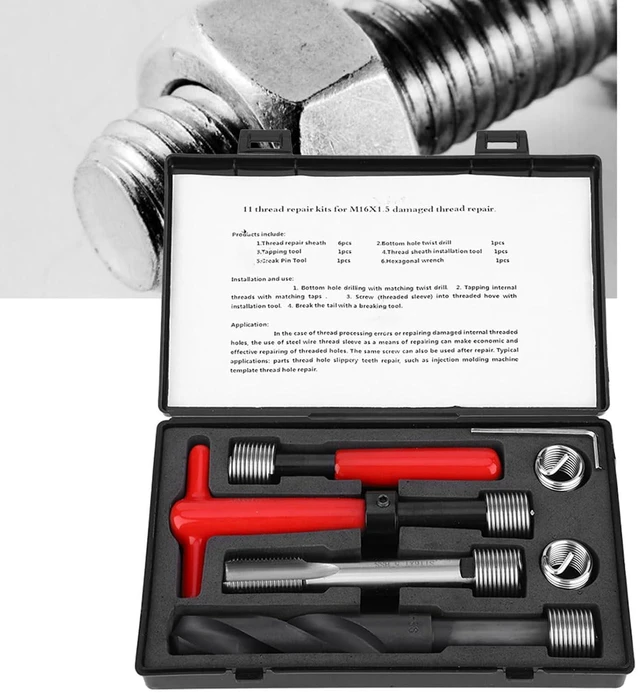 Alt view image 6 of 7 - 11Pcs Thread Repair Kit,M16x1.5 Length 1.5D Stainless Steel Twisted Drill Tap Wrench Threaded Insert Tool,Metric-Imperial Units Conversion Helicoil Repair Kit