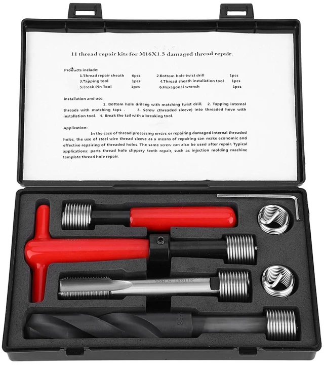 Alt view image 7 of 7 - 11Pcs Thread Repair Kit,M16x1.5 Length 1.5D Stainless Steel Twisted Drill Tap Wrench Threaded Insert Tool,Metric-Imperial Units Conversion Helicoil Repair Kit