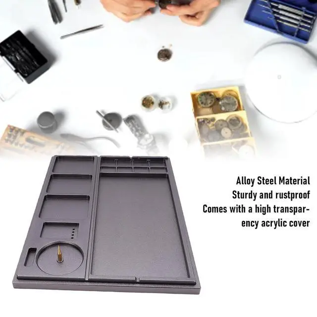 Alt view image 3 of 7 - Watch Parts Organizer, Watch Movement Tray, Watchmaker Tool Organizer Holder with Acrylic Dust Cover Parts Storage Box for Repair Crafting