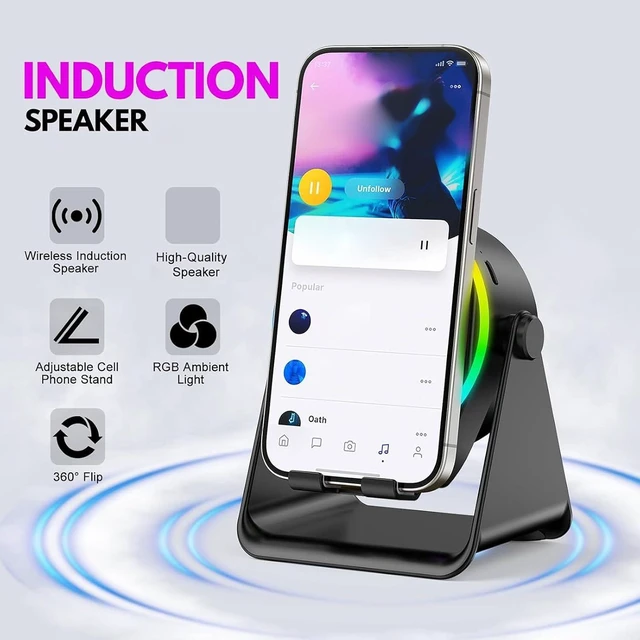 Alt view image 2 of 7 - Wireless Induction Speaker, 5.3 Speaker with Phone Stand 300 Degree Rotation RGB Lights, for iOS Phones Tablets (Black)