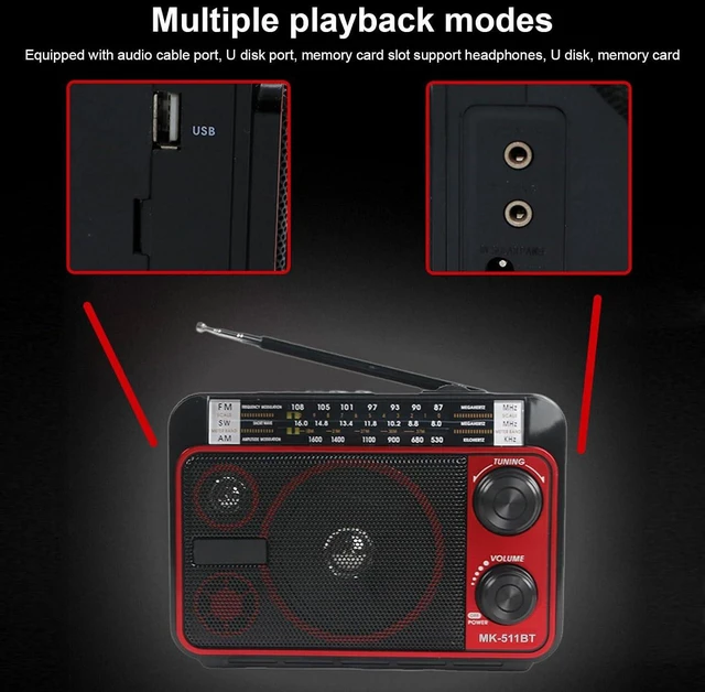 Alt view image 4 of 7 - Portable AM FM SW Radio, Bluetooth 5.0 Multi Band Shortwave Radio with Speaker, Battery Operated Great Reception Radio with Telescopic Antenna, Support USB TF Card Playback