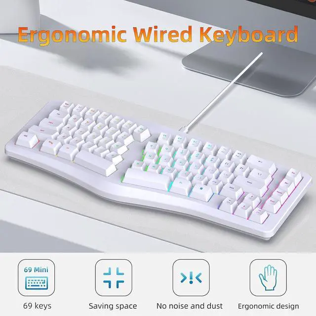 Alt view image 2 of 7 - Ergonomic Split Keyboard, Wired 69 Key with 18 Modes RGB Backlit Keyboard for Computer, Comfortable Keycaps, Shared Spaces, Split Design for Comfort Typing (White)