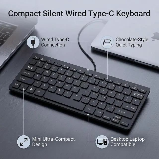 Alt view image 4 of 7 - Type C Wired Keyboard USB C Keyboard 78 Keys Compact Silent Wired with Ergonomic Design for PC Laptop Tablet Smartphone (Black)