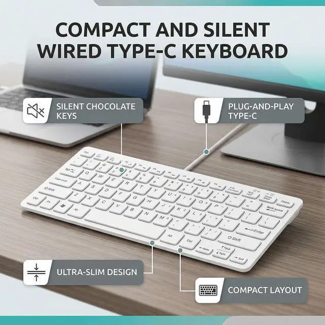 Alt view image 3 of 7 - Type C Wired Keyboard USB C Keyboard 78 Keys Compact Silent Wired with Ergonomic Design for PC Laptop Tablet Smartphone (White)