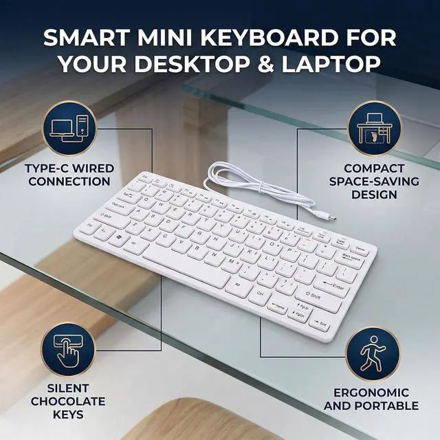 Alt view image 2 of 7 - Type C Wired Keyboard USB C Keyboard 78 Keys Compact Silent Wired with Ergonomic Design for PC Laptop Tablet Smartphone (White)