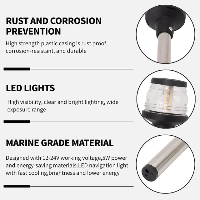 Alt view image 4 of 7 - Boat Stern Light, 12 Inches LED Anchor Light, 2NM Visibility Marine All Round Lights, IP65 360 Degree All Round 4000-4500K Anchor Pole Light for Pontoon and Fishing Boat