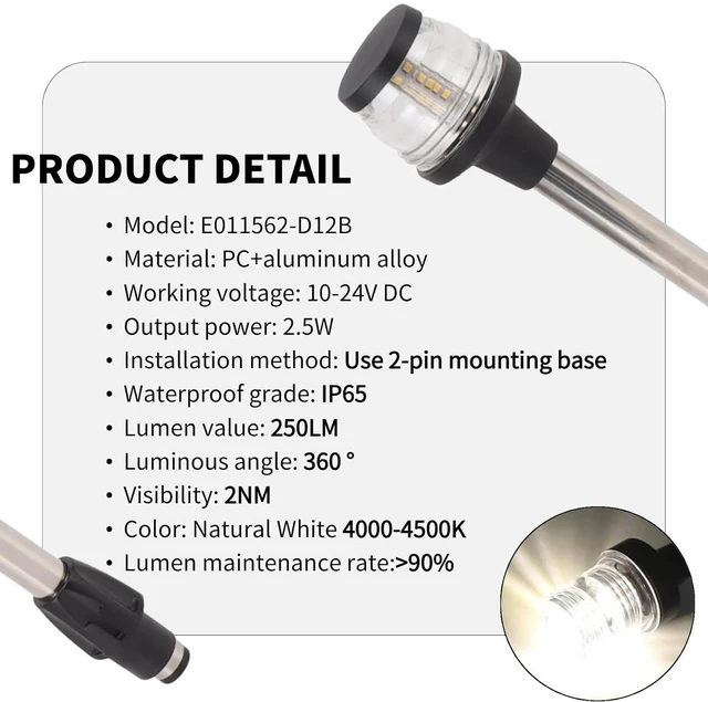 Alt view image 5 of 7 - Boat Stern Light, 12 Inches LED Anchor Light, 2NM Visibility Marine All Round Lights, IP65 360 Degree All Round 4000-4500K Anchor Pole Light for Pontoon and Fishing Boat