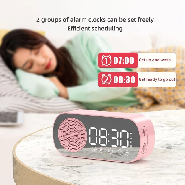 Alt view image 3 of 7 - Bluetooth Speaker Alarm Clock With LED Mirror Display, Radio, Weather Forecasts - Dual Loud Alarm for Heavy Sleepers