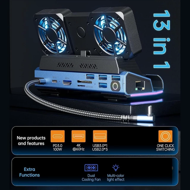 Alt view image 5 of 7 - 10 in 1 Docking Station for Steam Deck OLED for Legion Go for Claw, Dual Cooling Fan, USB Ports, 100W Charging Port, Dock Station