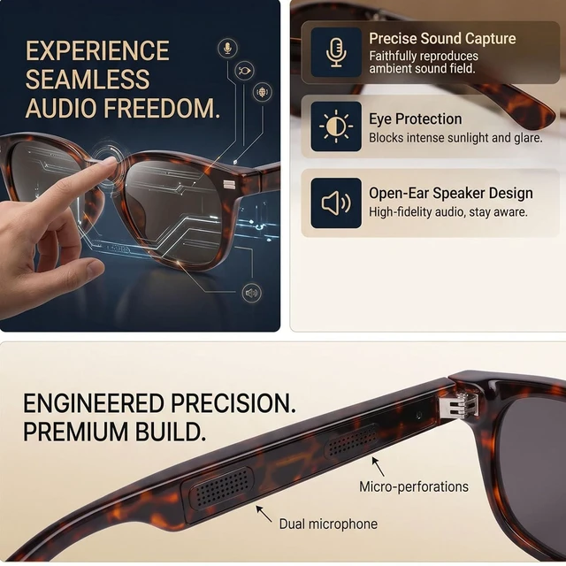 Alt view image 3 of 7 - Smart Audio Glasses, Bluetooth 5.4 with Dual Microphones and Open Speakers for Calls and Music, for Sports Travel Driving and Business