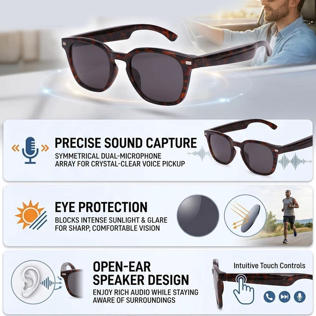 Alt view image 6 of 7 - Smart Audio Glasses, Bluetooth 5.4 with Dual Microphones and Open Speakers for Calls and Music, for Sports Travel Driving and Business