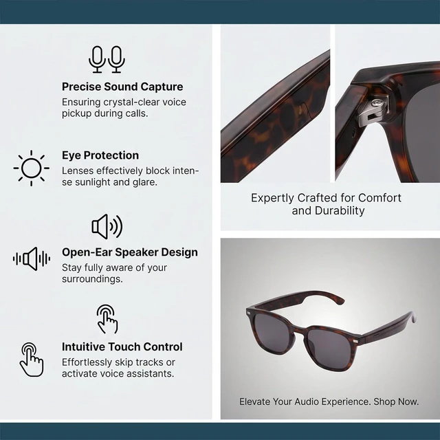 Alt view image 5 of 7 - Smart Audio Glasses, Bluetooth 5.4 with Dual Microphones and Open Speakers for Calls and Music, for Sports Travel Driving and Business