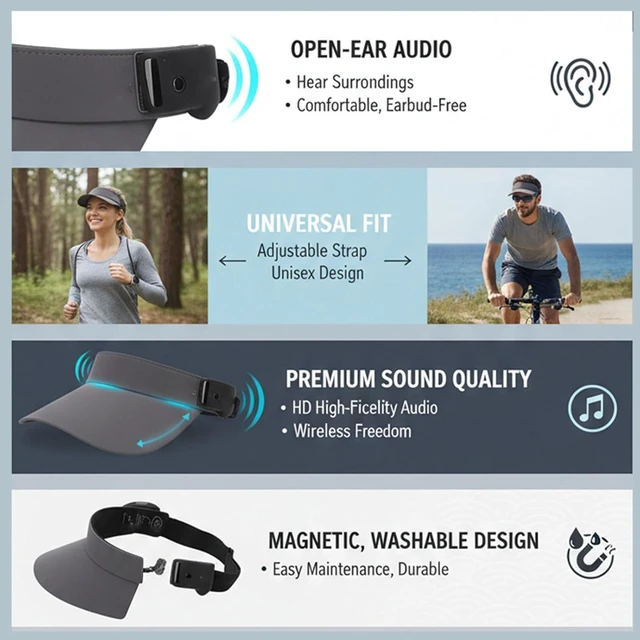 Alt view image 3 of 7 - Sunhat with Bluetooth Speaker, Innovative Magnetic Detachable Open Type Wireless Bluetooth 5.4 Wearable Speaker for Sport Outdoor Running Fitness Hiking Camping (Grey)