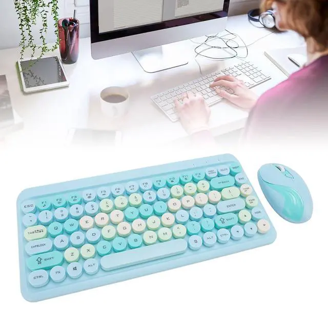 Alt view image 4 of 7 - Cordless Keyboard and Mouse Combo, 2.4G Cordless Retro Round Keycap Keyboard and 3 Level Adjustable Silent Mouse for Computer, Desktop, Laptop and Computer (Misty Blue)