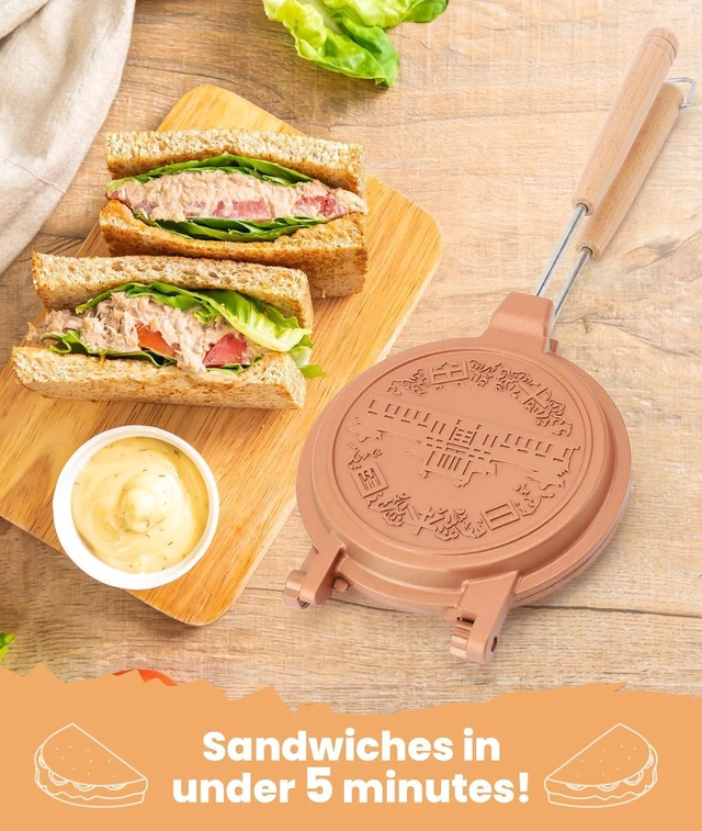 Alt view image 2 of 7 - Hot Sandwich Maker, Waffle Maker Hot Dog Toaster Double Sided Sandwich Baking Pan with Long Handle, Grilled Cheese Maker Nonstick Sandwich Maker Flip Grill Pan for Breakfast