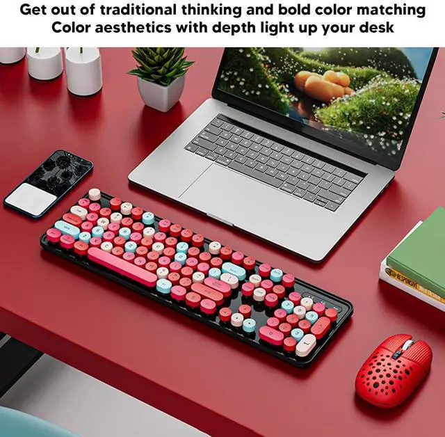 Alt view image 4 of 7 - Wireless Keyboard Mouse Combo, Full Size Retro Typewriter Keyboard with Colorful Round Keycap, Portable Ergonomic Keyboard and Mouse for Computer PC Laptop Notebook (Mixed Color Red)