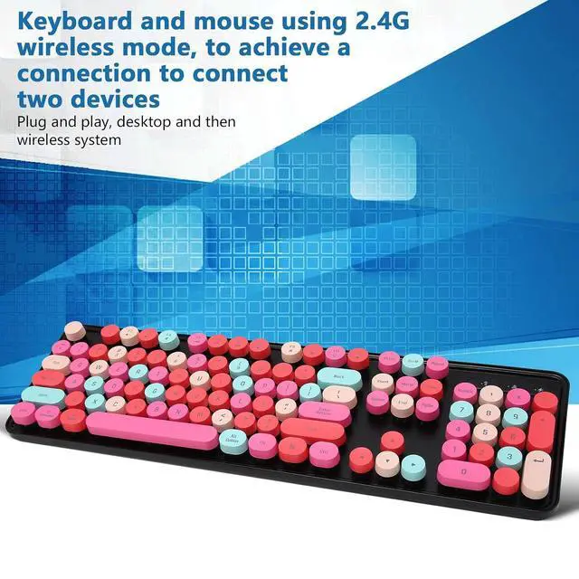 Alt view image 6 of 7 - Wireless Keyboard Mouse Combo, Full Size Retro Typewriter Keyboard with Colorful Round Keycap, Portable Ergonomic Keyboard and Mouse for Computer PC Laptop Notebook (Mixed Color Red)