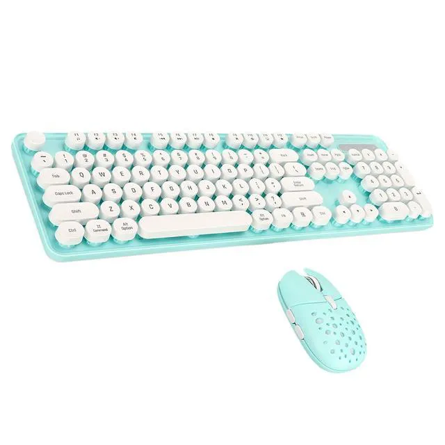Alt view image 3 of 7 - Wireless Keyboard and Mouse Combo, 104 Keys Retro Round Keycaps Typewriter Keyboard with Wireless Mouse, Computer Keyboard and Mouse Set for PC Laptop (Blue Board)