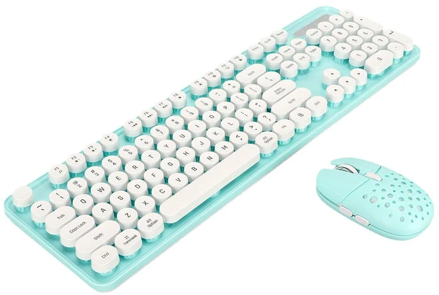 Alt view image 6 of 7 - Wireless Keyboard and Mouse Combo, 104 Keys Retro Round Keycaps Typewriter Keyboard with Wireless Mouse, Computer Keyboard and Mouse Set for PC Laptop (Blue Board)