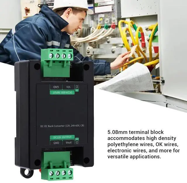 Alt view image 4 of 7 - DC to DC Power Converter 24-60V to 12V, 85% Efficiency, Non Isolated, Internal Protections, Terminal Block, Guide Rail Mount Buckle, ABS Material, 4.8W-12W, Approx. 90A