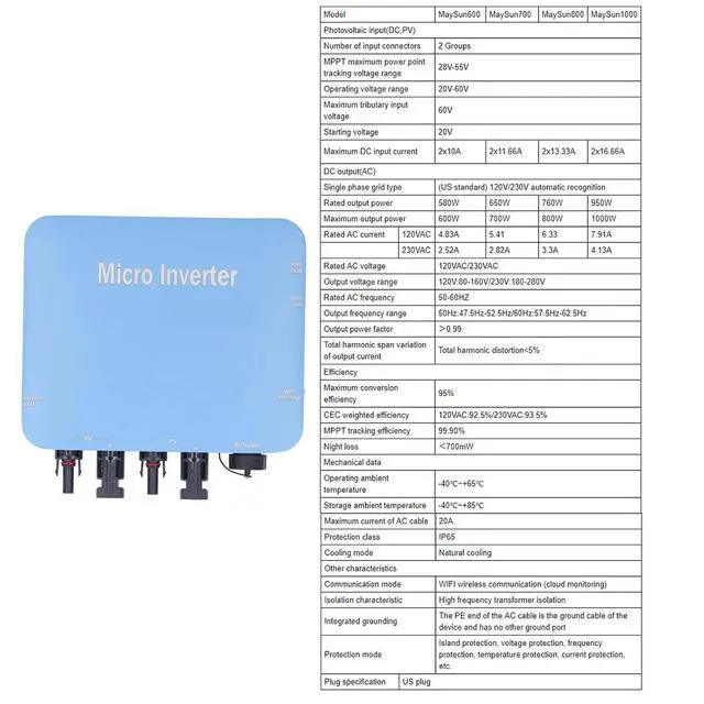 Alt view image 2 of 7 - Micro Inverter, 120V 230V Solar Grid Tie Inverter IP65 DC to AC Control, Pure Sine Waving Inverter, MPPT Solar Input 20V-60V Output 80V-280V, for Solar System
