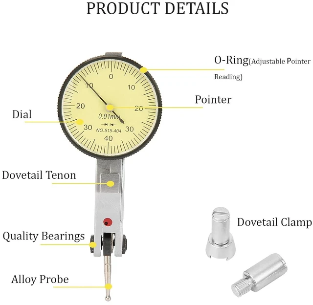 Alt view image 5 of 7 - Dial Test Indicator, 0-0.8mm 0.01mm Test Dial Indicator with Dovetail Clamp ans Storage Case, Aluminum Professional Dial for Mechanical Measurement