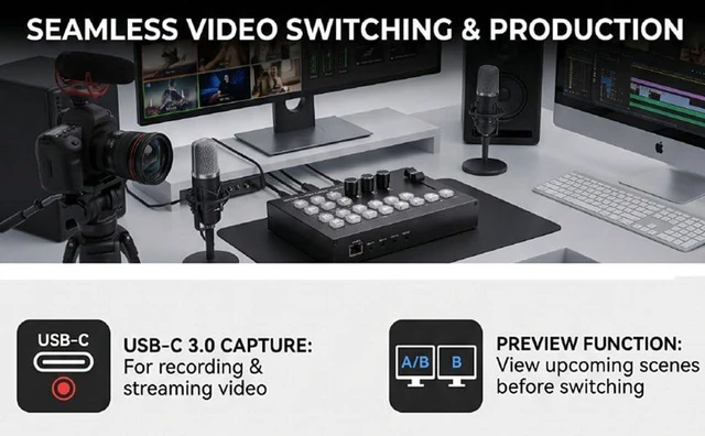 Alt view image 5 of 7 - 4 Input 2 Output Video Switcher, 4K 30Hz Live Streaming Switcher with Multi Channel Sound Mixing for Professional Broadcast (US Plug)